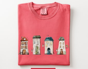 Koszulka Whimsical House, koszulka unisex Cottagecore, koszulka z akwarelową ilustracją domu Comfort Colors®