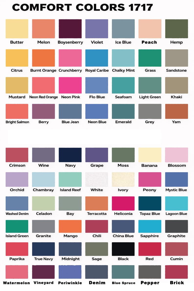 Może przedstawiać: Karta kolor&oacute;w z r&oacute;żnymi odcieniami, w tym Masło, Melon i Jeżyna, z tekstem "COMFORT COLORS 1717" na g&oacute;rze. Karta prezentuje szeroką gamę kolor&oacute;w, od jasnych pasteli po głębokie odcienie.