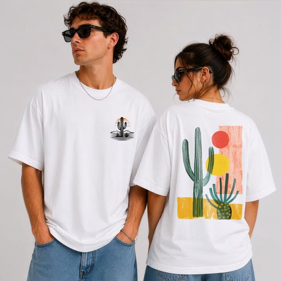 Unisex Cactus Shirt, Desert Sunset Tee, Front Pocket Print Back Graphic Shirt, Comfort Colors®