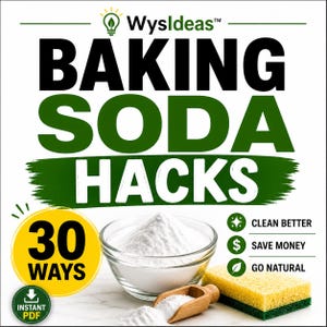 May include: A graphic with the text "BAKING SODA HACKS" and "30 WAYS". It includes a bowl of baking soda, a wooden scoop, a sponge, and icons for cleaning, saving money, and going natural. The image also has the text "INSTANT PDF".