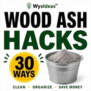 Könnte beinhalten: Werbebild für "Wood Ash Hacks" mit Text und einem Metalleimer voller Asche. Der Text enthält "30 Ways" in einem gelben Kreis und die Wörter "Clean, Organize, Save Money". Das Logo "WysIdeas" befindet sich oben.
