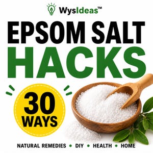 Może przedstawiać: Okładka książki z tytułem "EPSOM SALT HACKS" dużymi zielonymi literami. Drewniana miska wypełniona białą solą Epsom i drewniana łyżka. Okładka zawiera również tekst "30 WAYS" w żółtym okręgu oraz słowa "NATURAL REMEDIES • DIY • HEALTH • HOME".