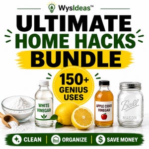 Op de afbeelding: Afbeelding die een home hacks-bundel promoot. Het toont bakpoeder, witte azijn, een citroen, appelciderazijn en een weckpot. De tekst luidt "ULTIMATE HOME HACKS BUNDLE" en "150+ GENIUS USES". De afbeelding promoot schoonmaken, organiseren en geld besparen.