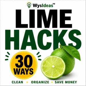 Może przedstawiać: Grafika z tekstem "LIME HACKS" dużymi czarnymi i zielonymi literami. Poniżej żółte koło z napisem "30 WAYS". Pokazano całą limonkę i połówkę limonki. Tekst na dole brzmi "CLEAN • ORGANIZE • SAVE MONEY".