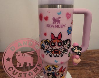Vaso Stanley Quencher de 30 oz con brillo rosa y flor de cerezo de Las Chicas Superpoderosas, hecho a medida, nuevo