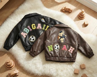 Personalise Vegan Leather Custom Chenille Bomber Jacket With Patch Embroidered Name Toddler For Kids Faux Leather Coat Custom Baby Clothing