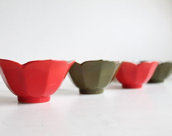 Vintage Lotus Bowls, Made in Japan, Rice Bowls, Set of 4, Red and Green