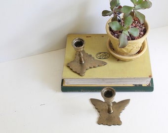 Vintage Boho Pair of Brass Butterfly Candleholders