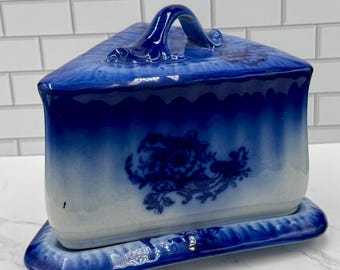 Antique Staffordshire Flow Blue Cheese Dish | Victorian Transferware Butter Tray, English Cottage Decor