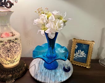 Vintage Whimsical Cobalt Blue Glass Epergne Vase | Ruffled Art Glass Centerpiece, Mid Century Decor