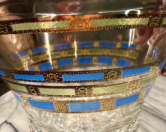 Vintage Culver Empress Ice Bucket | 22K Gold & Blue Enamel Glass | Mid Century Modern Barware | Hollywood Regency Cocktail Decor