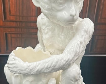 Vintage Japanese Monkey Holding Bowl Planter | Glossy White Ceramic Hollywood Regency Decor