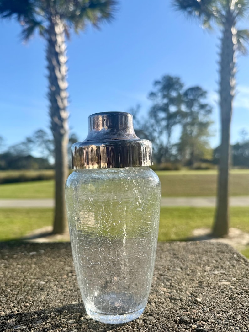 Vintage EMF West Germany Crackle Glass Cocktail Shaker, Försilvrat Lock Barware bild 1