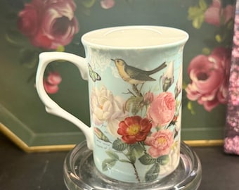 Whimsical Blue Floral Teacup with Birds and Butterflies - Gracie Bone China