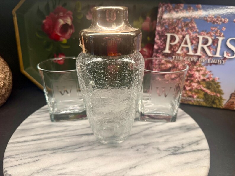 Vintage EMF West Germany Crackle Glass Cocktail Shaker, Försilvrat Lock Barware bild 2
