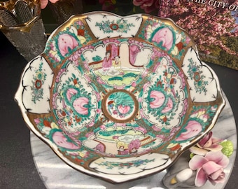 Vintage Famille Rose Medallion Porcelain Bowl, Hand Painted Chinoiserie Decor