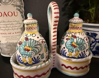 Hand Painted Italian Deruta Ceramic Rooster Cruet Set, Mediterranean Kitchen Decor