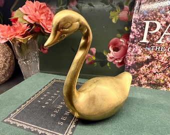 Whimsical Solid Brass Swan Figurine, Mid Century Bird Statue, Hollywood Regency Accent