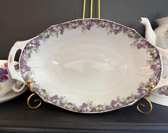 Grillige antieke Schumann Bavaria-serveerschaal | Porseleinen servies met lila bloemen