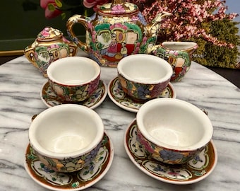 Vintage Chinoiserie Hand Painted Porcelain Mini Tea Set, Floral Gilt Accents
