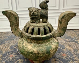 Vintage Chinese Bronze Foo Dog Censer | Verdigris Patina Tripod Vessel, Asian Decor