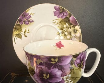 Whimsical Purple Floral Teacup Saucer Set of 4 - Vintage Grace Teaware - Pansy Flowers