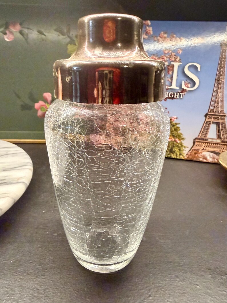 Vintage EMF West Germany Crackle Glass Cocktail Shaker, Försilvrat Lock Barware bild 6