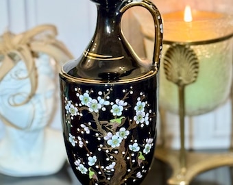 Vintage Manousakis Keramik Vase | Hand Painted Black Porcelain, 24K Gold, Platinum Floral Birds