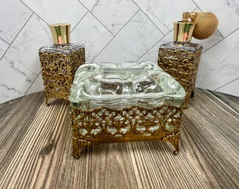 Vintage Hollywood Regency Vanity Set, 3-Piece Glass Perfume Bottles Soap Dish