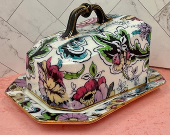 Maselniczka w stylu art déco z kwiatowym wzorem i pokrywką | Pojemnik na masło z powłoką Chintz Transferware | Talerz do serwowania w stylu Cottage Chic | Wystrój Grandmillennial