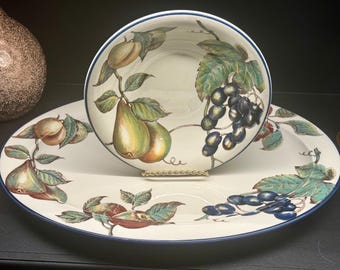Vintage Ceramic Large Platter and Bowl Set - Pier 1 Macintosh Fruit Pattern