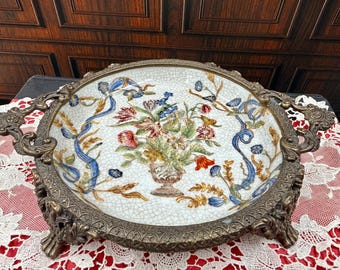 Vintage Ornate Brass Footed Bowl Tray | Crackle Porcelain Centerpiece | Hollywood Regency Vanity Tray | Chinoiserie Floral Dish