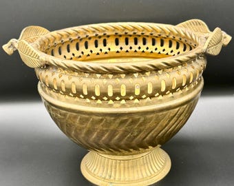 Vintage Brass Pedestal Bowl Planter | Mid Century Hollywood Regency Leaf Handles Urn