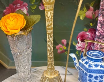 Vintage Etched Brass Ewer Vase, Tall Decorative Pitcher, Boho Hollywood Regency Accent