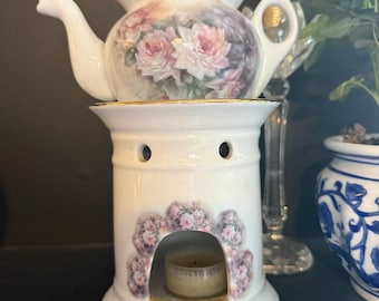 Whimsical Hand-Painted Floral Porcelain Teapot Warmer | Cottagecore Tea Light Holder by Betty Platner