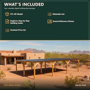 May include: A digital building-plan package for a wooden carport with a dark roof, featuring an STL 3D model, materials list, beginner step-by-step building guide, several reference photos, and an itemized price list, labeled as digital files.