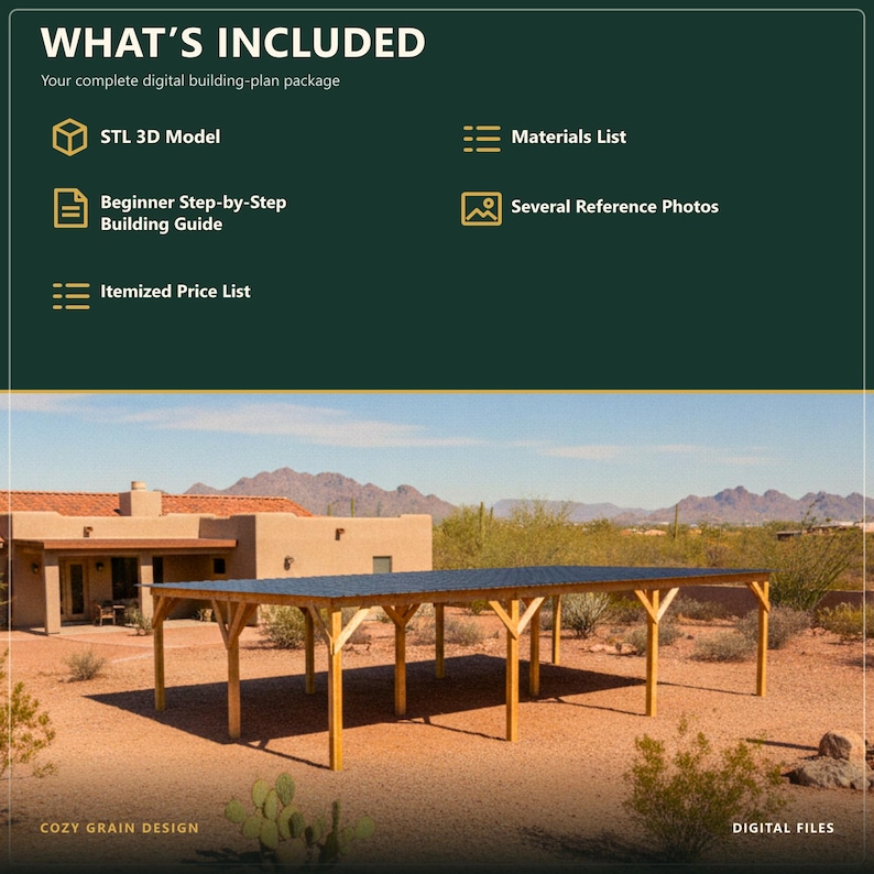 May include: A digital building-plan package for a wooden carport with a dark roof, featuring an STL 3D model, materials list, beginner step-by-step building guide, several reference photos, and an itemized price list, labeled as digital files.