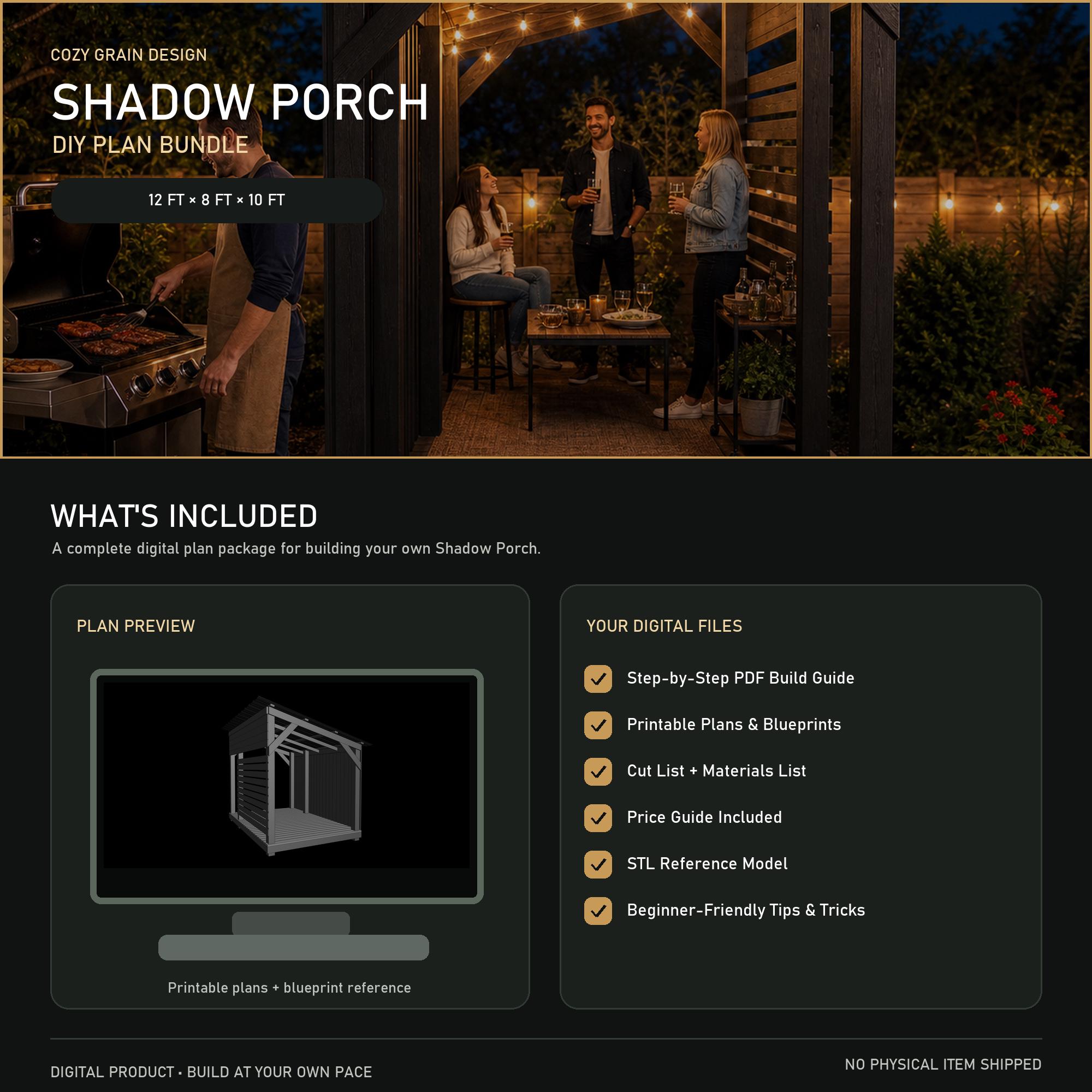 12x8 Shadow Porch Plans, DIY Outdoor Patio Shelter Build Guide, Backyard Pergola Gazebo Blueprint, Privacy Screen + 3D Model image 4