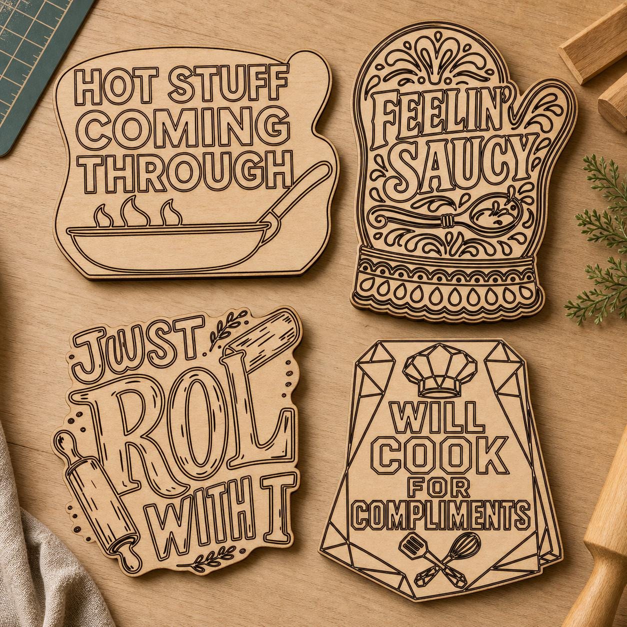 Trivet Oven Mitt Quote SVG DXF Bundle, 4 Funny Kitchen CNC Designs for Magnets, Stickers, Oven Mitts image 2