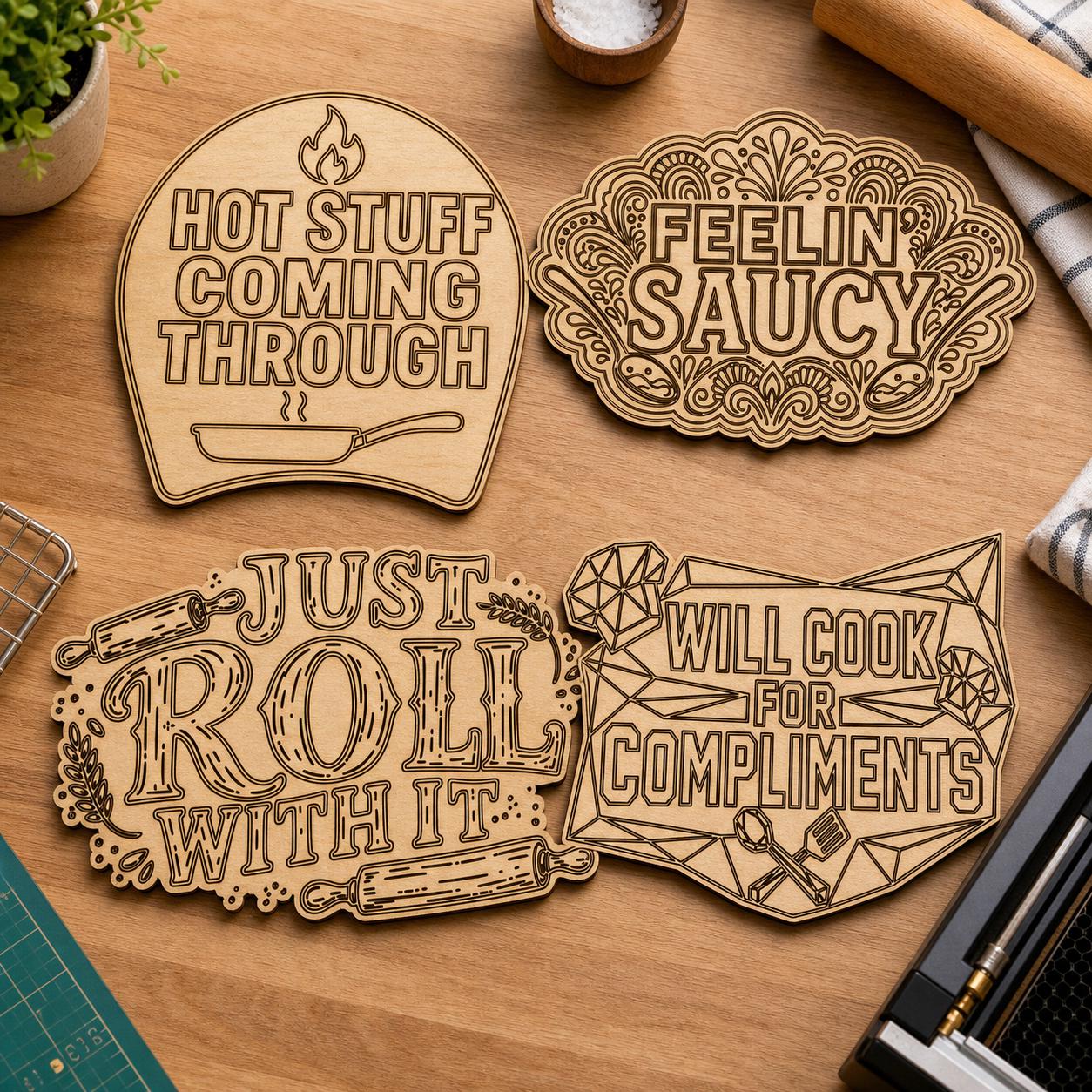Trivet Oven Mitt Quote SVG DXF Bundle, 4 Funny Kitchen CNC Designs for Magnets, Stickers, Oven Mitts image 2