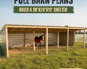 May include: Pole barn plans for a 36'x24'x10' shelter. The image shows a brown horse standing inside a wooden and corrugated metal open-sided structure with a flat roof, set in a grassy field with a white fence in the background.