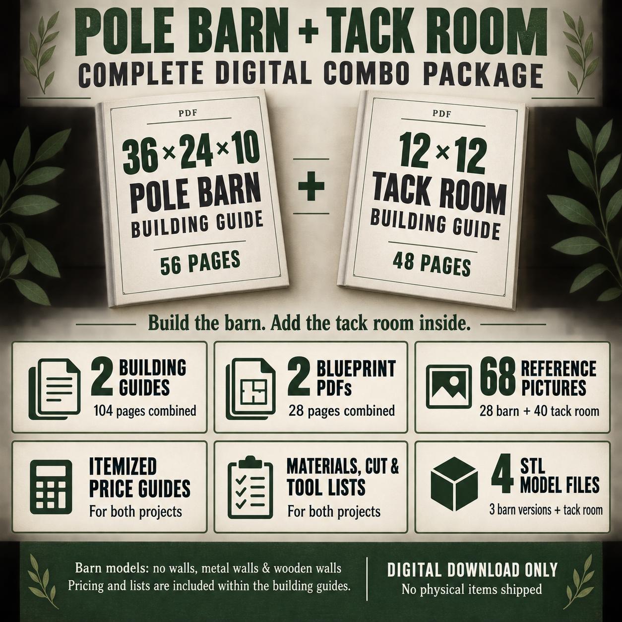 36x24x10 Pole Barn and 12x12 Tack Room Plans | Digital Building Guide Bundle image 3