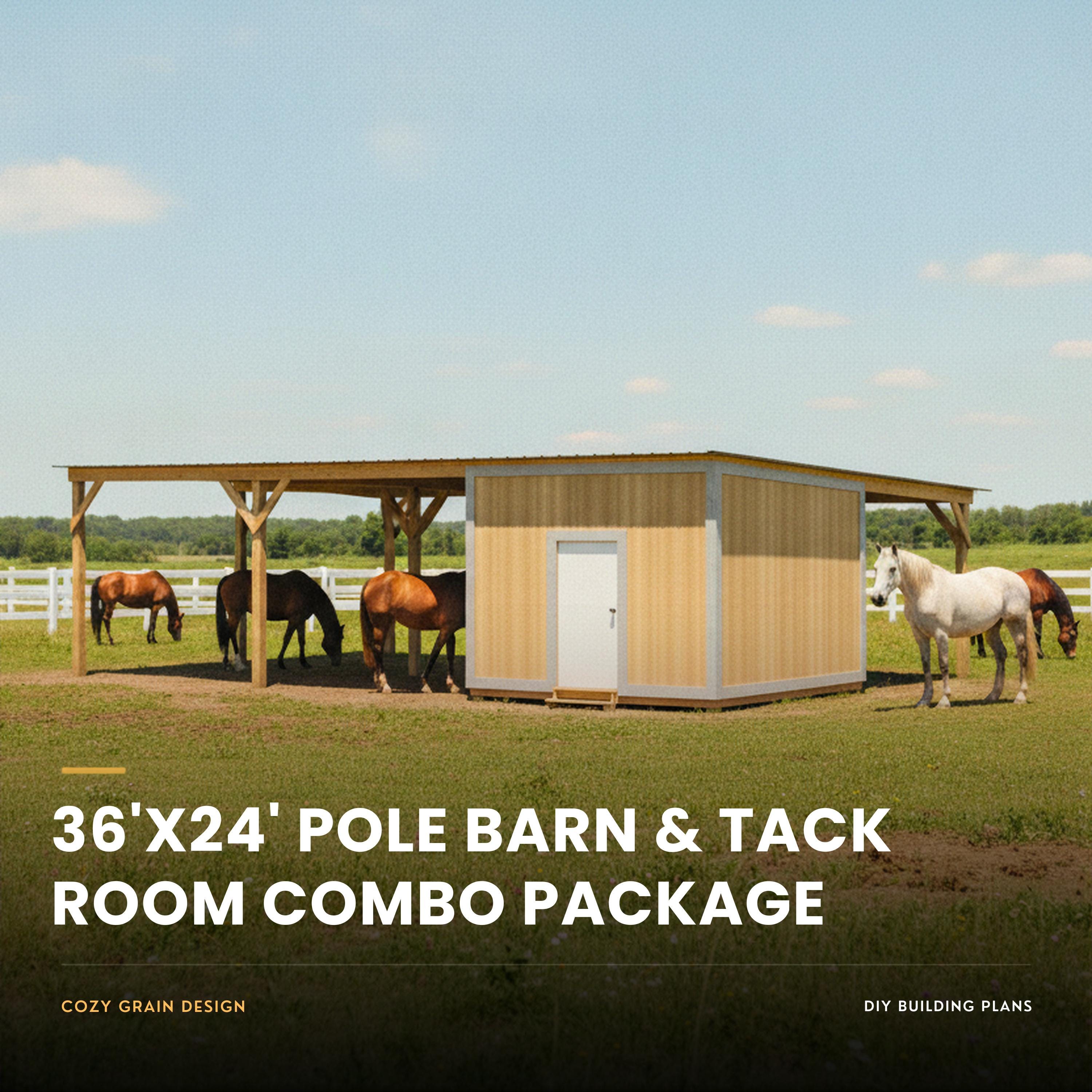 36x24x10 Pole Barn and 12x12 Tack Room Plans | Digital Building Guide Bundle