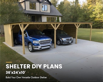 36x24x10 Pole Barn Plans PDF, 3-Stall Horse Shelter & Carport Blueprint, DIY Farm Building