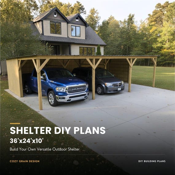 36x24x10 Pole Barn Plans PDF, 3-Stall Horse Shelter & Carport Blueprint, DIY Farm Building