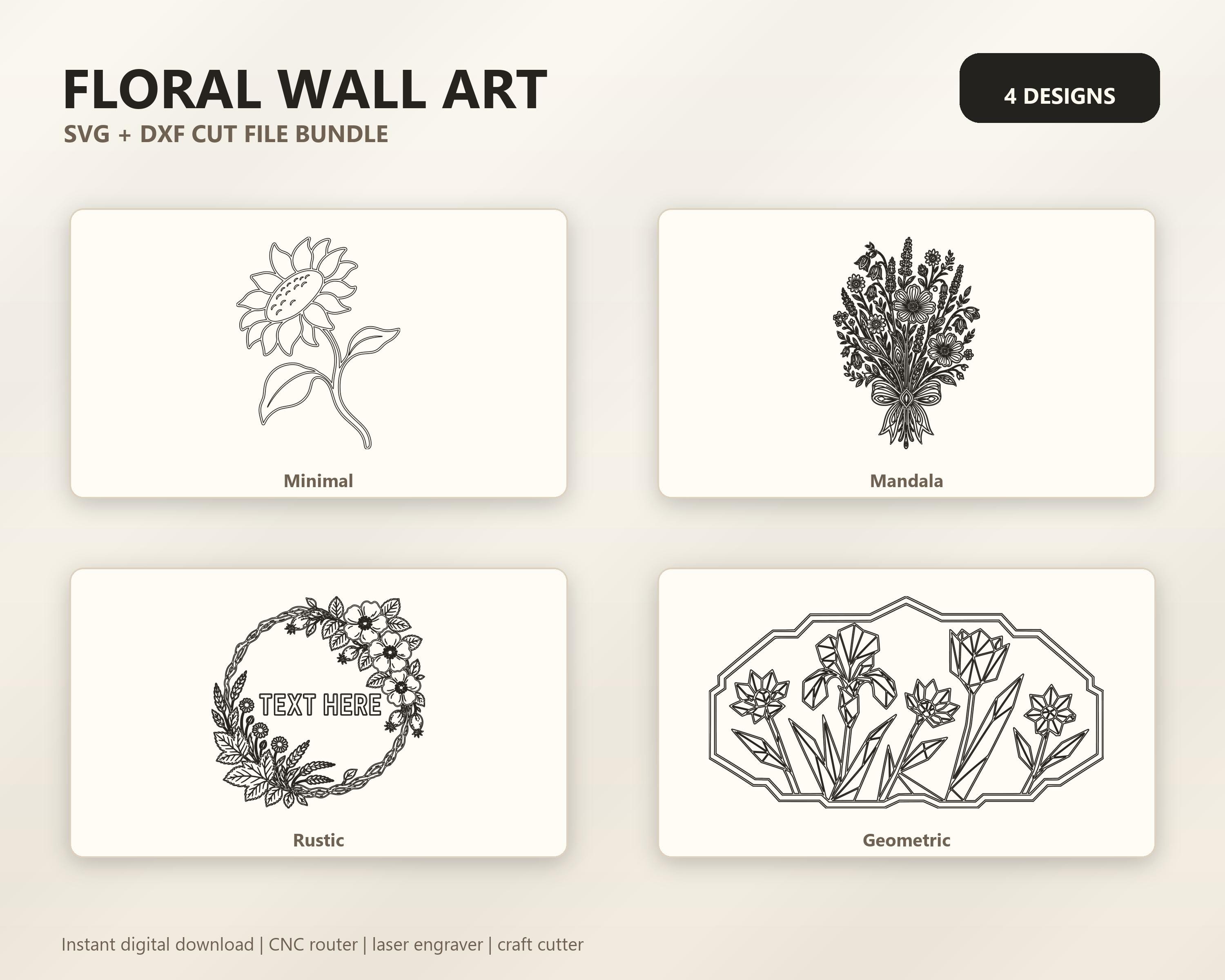 Floral Wall Art DXF SVG Bundle, 4 CNC Cut Files, Laser Engraving, Router, Glowforge, Cricut, Digital Download image 2
