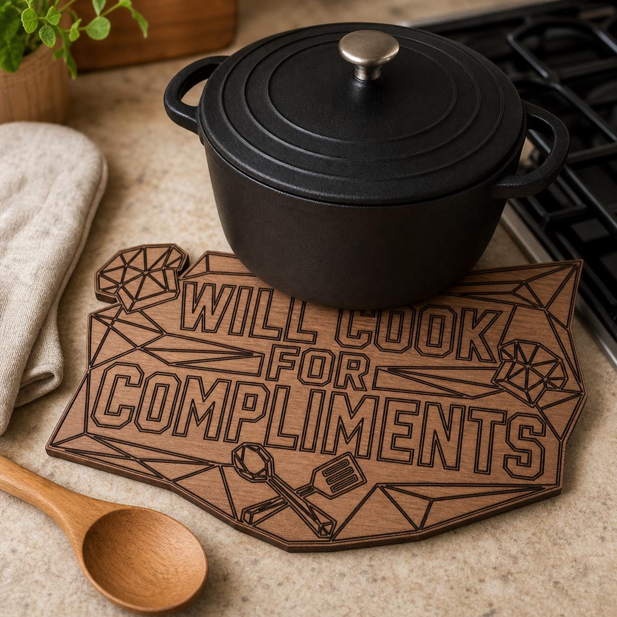 Trivet Oven Mitt Quote SVG DXF Bundle, 4 Funny Kitchen CNC Designs for Magnets, Stickers, Oven Mitts image 6