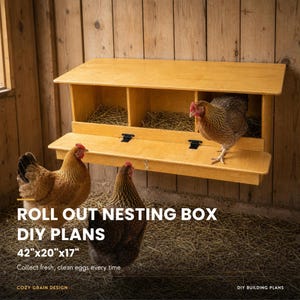 May include: A wooden three-compartment chicken nesting box with a hinged front door and straw bedding. The text reads: ROLL OUT NESTING BOX DIY PLANS 42"x20"x17" Collect fresh, clean eggs every time. COZY GRAIN DESIGN DIY BUILDING PLANS.