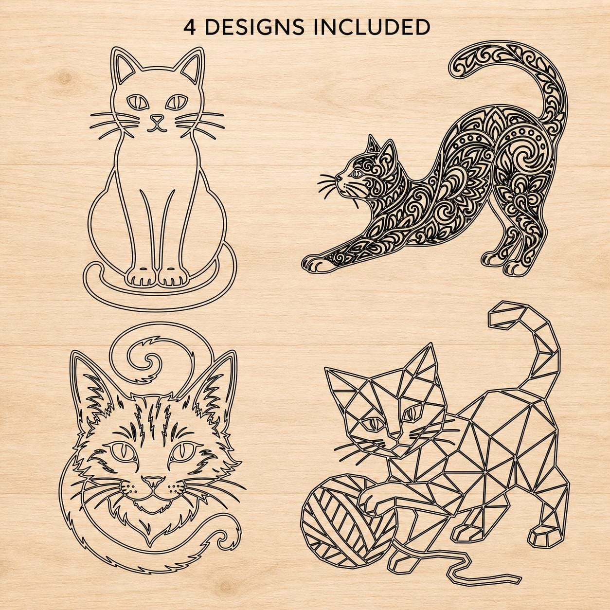 Cat SVG DXF Bundle, 4 CNC Router and Laser Cut Wood Cat Designs image 4