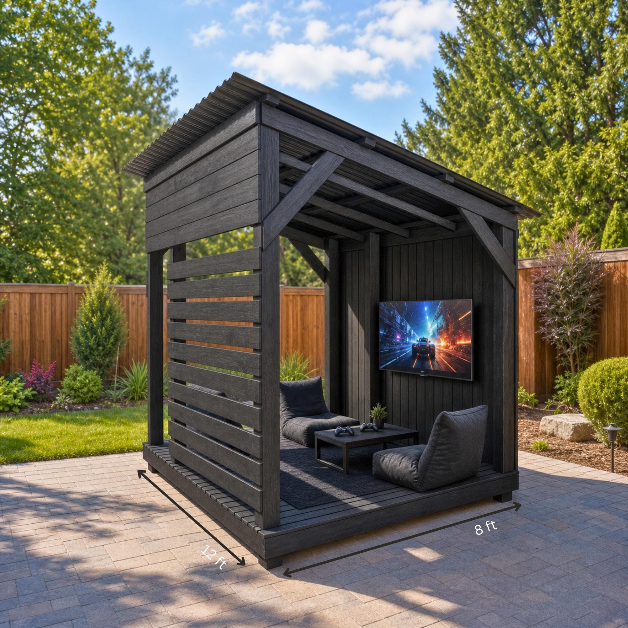 12x8 Shadow Porch Plans, DIY Outdoor Patio Shelter Build Guide, Backyard Pergola Gazebo Blueprint, Privacy Screen + 3D Model image 5